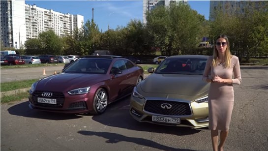 Анонс видео-теста «Немцы» или «Японцы». Ауди Audi A5 против Инфинити Infiniti Q60s. Лиса рулит. Елена Лисовская